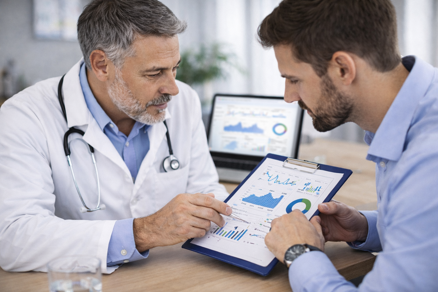 Doctor and healthcare marketing consultant Doctor and marketing consultant discussing ways to attract patients to a private clinic