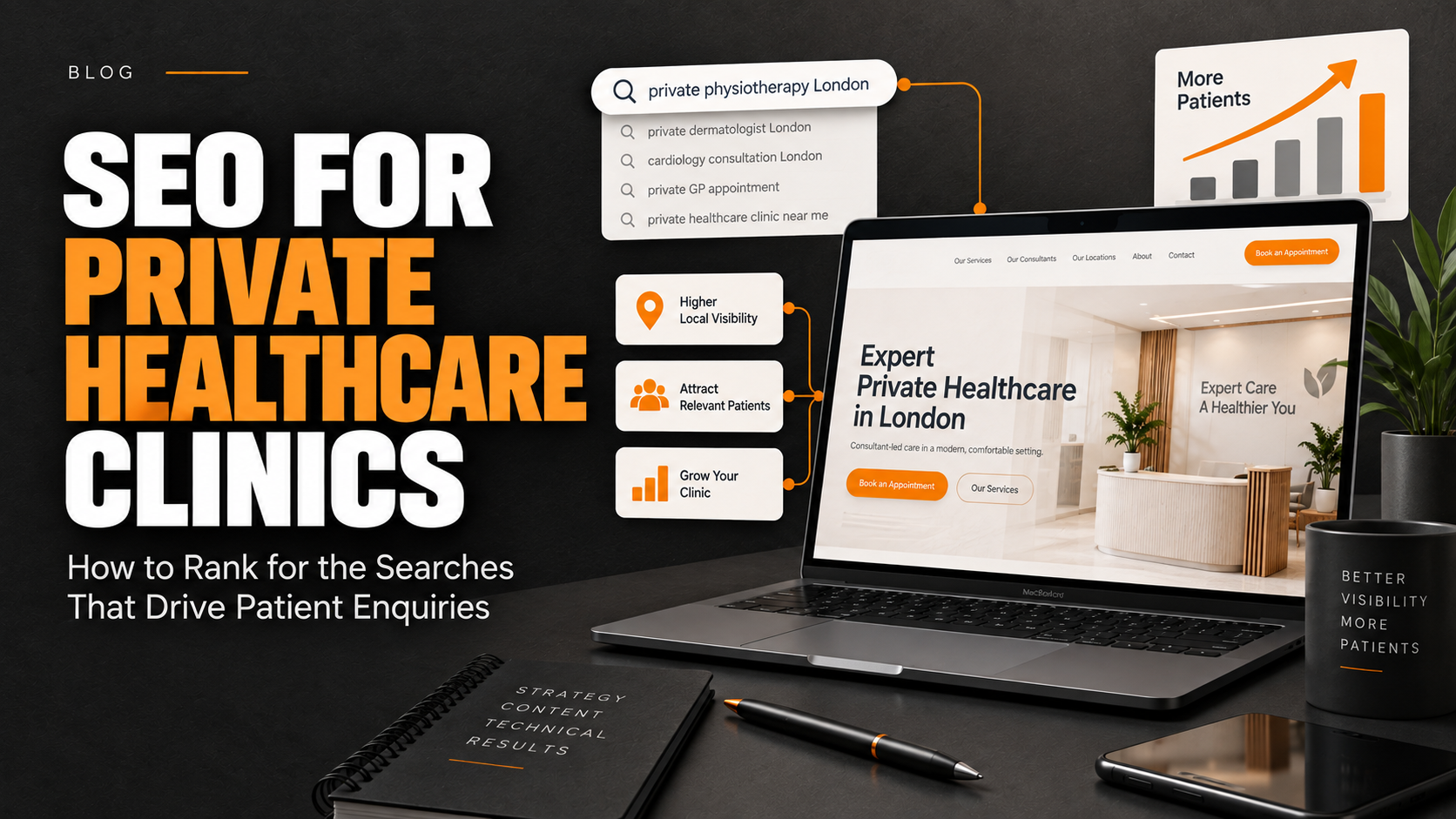 SEO for private healthcare clinics showing search visibility, local SEO and patient enquiry growth.