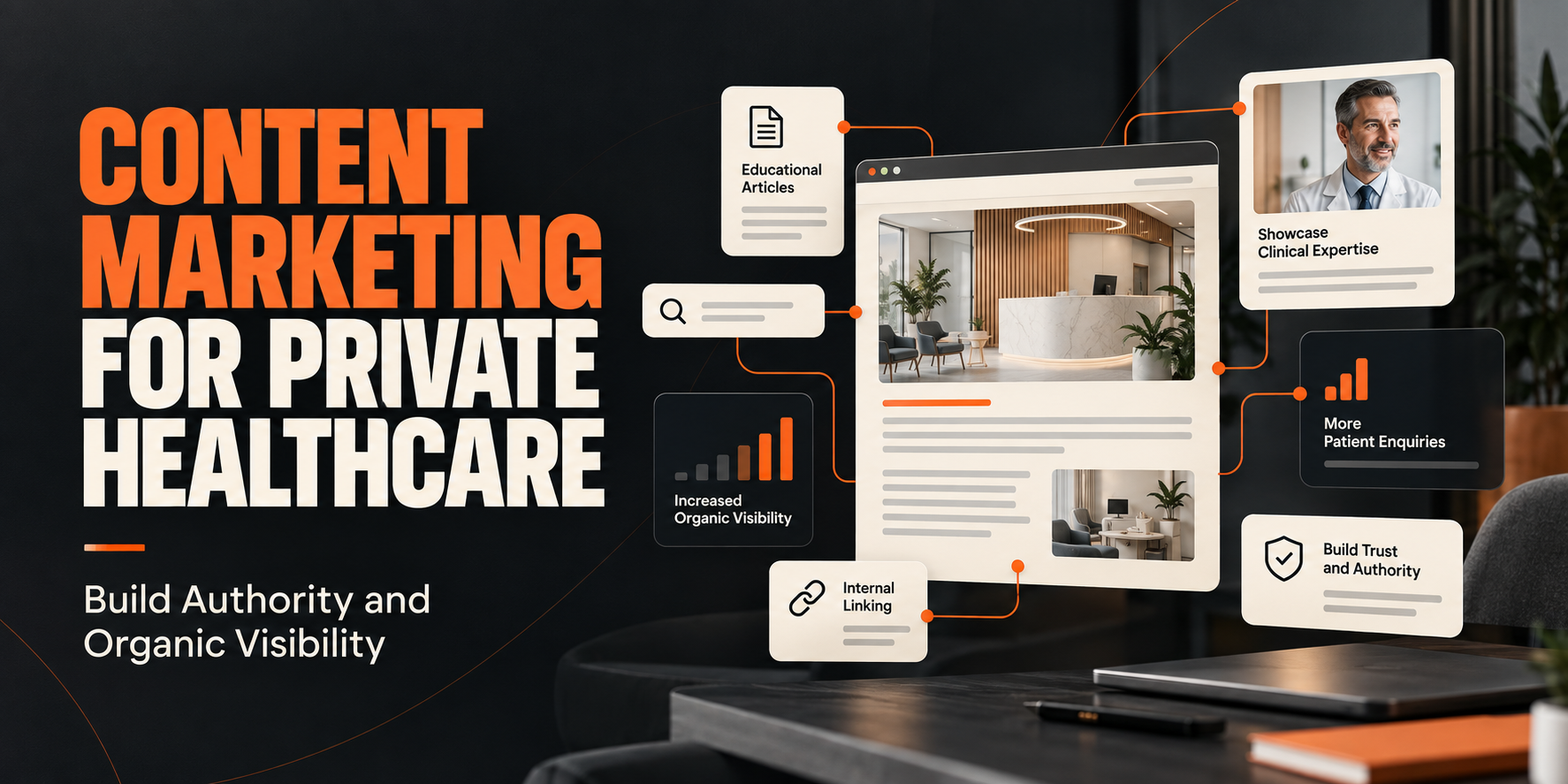 Content marketing for private healthcare showing SEO, educational content, clinical expertise and patient enquiry growth.