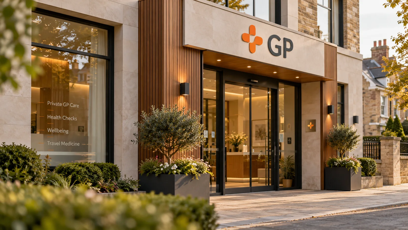 Entrance to a modern GP clinic with glass doors, GP signage and street-level access.