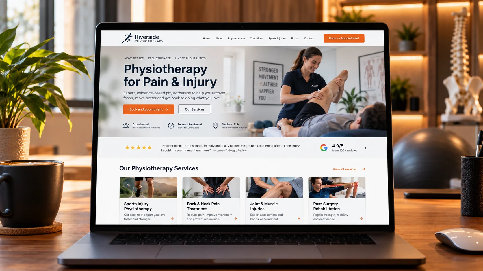 Laptop displaying a physiotherapy clinic website with appointment booking and treatment service cards.